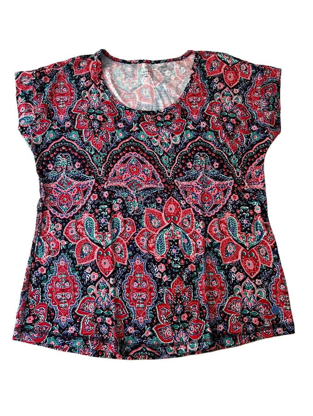 T By Talbots Petites Medium Short Sleeve T-Shirt Top Red Black Colorful Floral